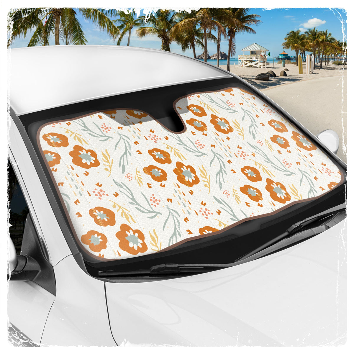 C&C Orange Floral Car Windschutzscheibe Sonnenschutz - Sun Visor SunShade für Auto-Windschutzscheibe - Fensterschirme für Autos, SUV & Truck - Dash Cover UV-Schutz für Front-Fensterschutz Zubehör - 57' x 27'