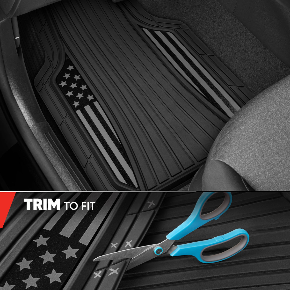 Motor Trend Flag Bodenmatten Volles Set - Langlebige schwarze Gummi Auto Bodenmatten für LKW Autos SUV mit zwei Ton Akzent, All Wetter Innenschutz für Front und Rückseite mit rutschfestem Rücken, Black Gloss - Flagge Schwarz / Gray