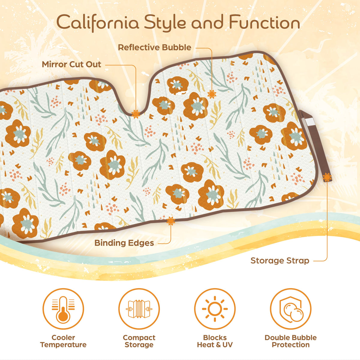 C&C Orange Floral Car Windschutzscheibe Sonnenschutz - Sun Visor SunShade für Auto-Windschutzscheibe - Fensterschirme für Autos, SUV & Truck - Dash Cover UV-Schutz für Front-Fensterschutz Zubehör - 57' x 27'
