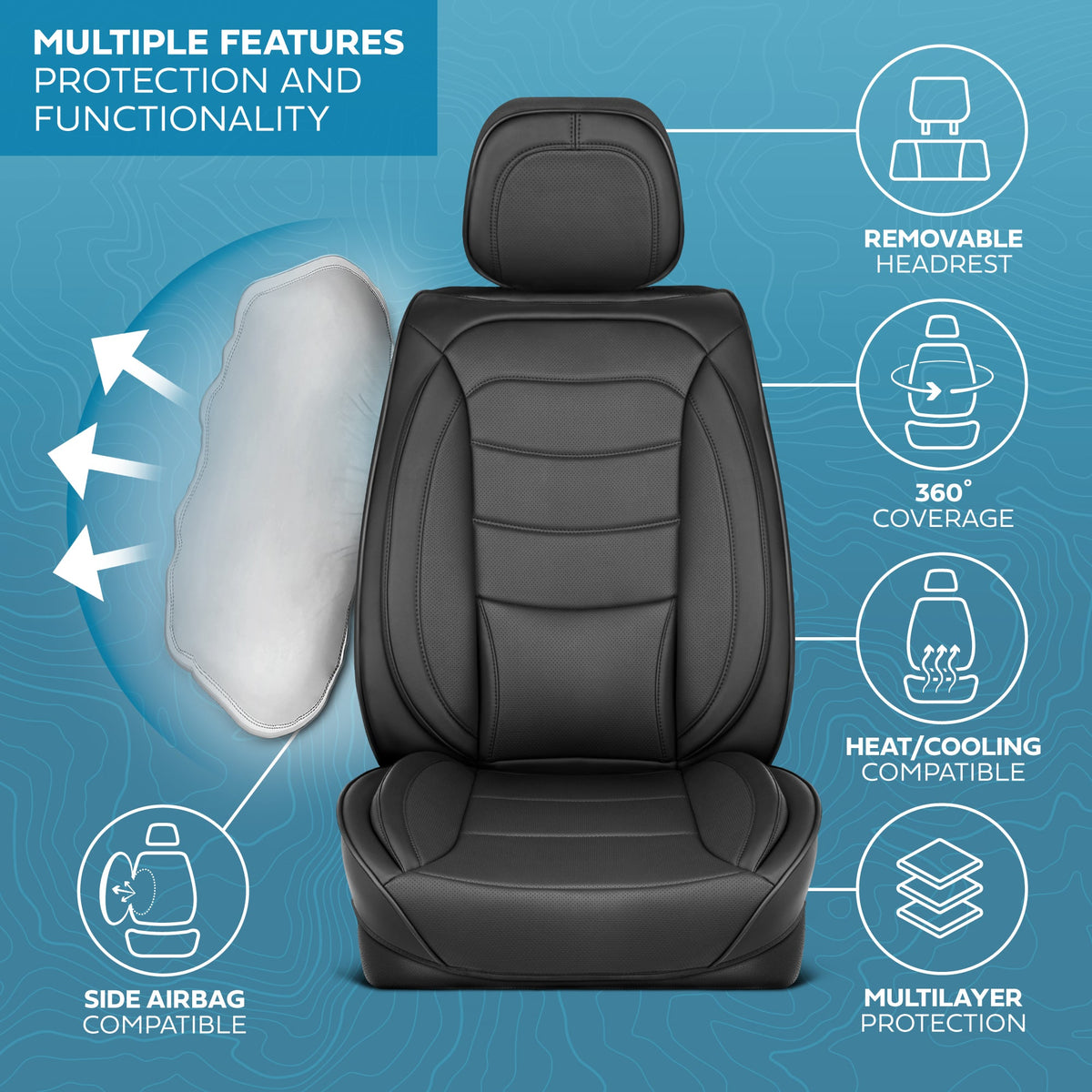 MotorBox Elite Edition Faux Ledersitz Abdeckungen für Autos, LKW und SUV - 2 schwarze Autositz Abdeckungen für Vordersitze - Universal Fit Car Zubehör Automotive Interior Cover Protector für die meisten Fahrzeuge
