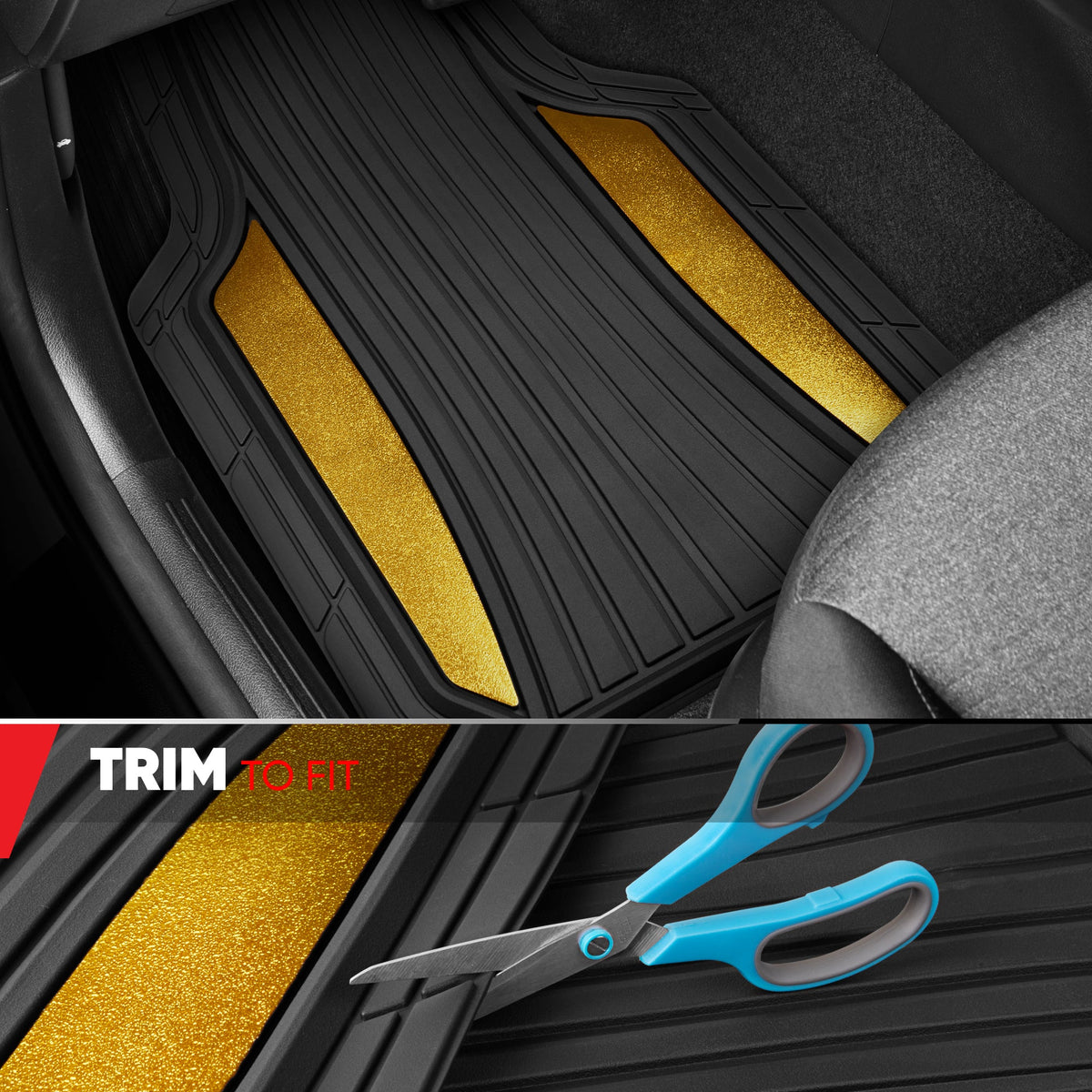 Motor Trend ChromeTech Autobodenmatten Volles Set - Langlebige Gummibodenmatten für Autos mit zwei Ton Akzent, Allwetter-Innenschutz für Vorder- und Rückseite mit rutschfester Rückseite, Schwarz / Gold