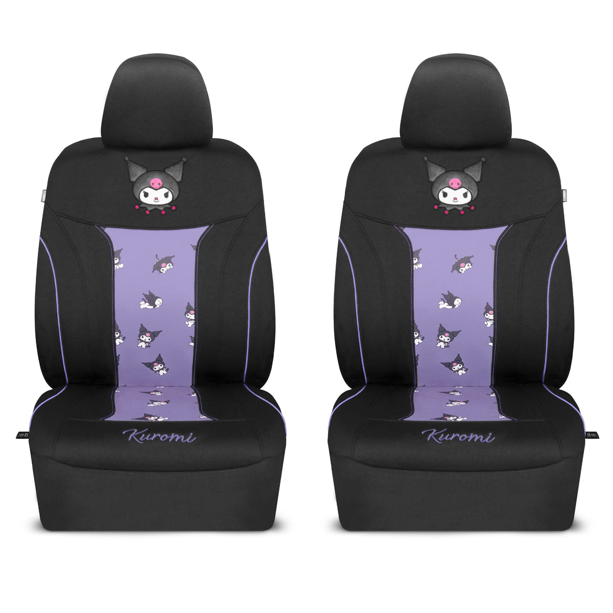 Hello Kitty Kuromi Autositzbezüge - Niedliche schwarze und violette Vordersitzbezüge mit Lavendelakzenten, langlebiges und komfortables Polyester, Autozubehör Hallo Kitty Zubehör 2pc