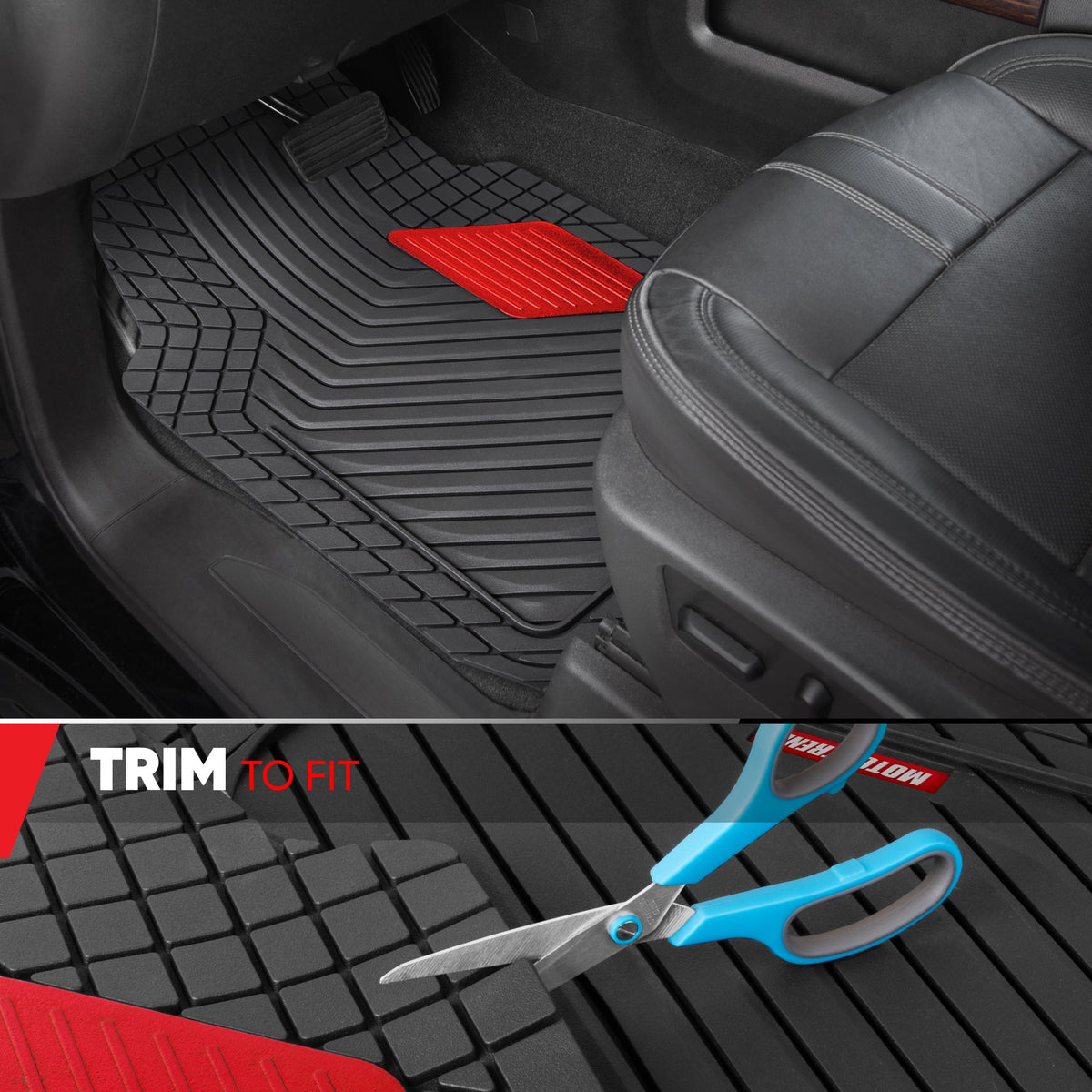 Motor Trend MetallicGuard Car Bodenmatten Volles Set - Langlebige Gummibodenmatten mit rotem Metallic Ferse Pad, Allwetter-Innenschutz für Vorder- und Rückseite mit rutschfester Rückseite