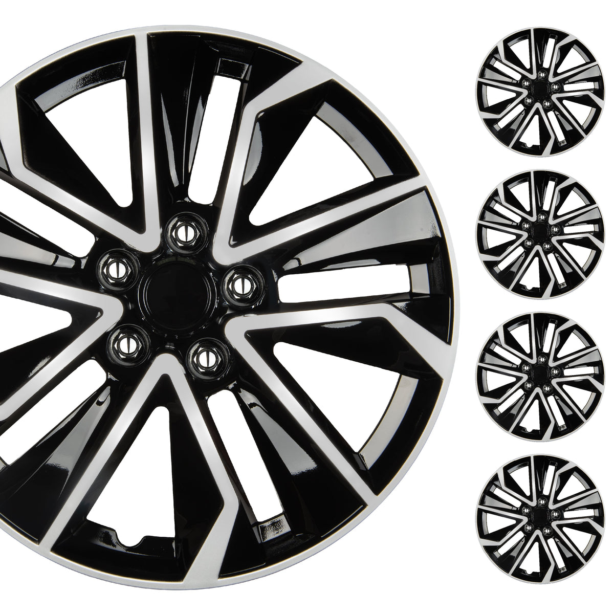 BDK 40,6 cm Hubcaps Set von 4 - OEM Ersatz Snap-On Wheel Rim Covers - Universal Fit Car Wheel Cover für Autos, LKW, SUV, Vans Durable ABS Black & Silver 10-Spoke Hub-Cap Car Zubehör Außen