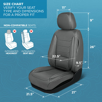 MotorBox Elite Edition Faux Ledersitz Abdeckungen für Autos, LKW und SUV - 2 graue Autositz Abdeckungen für Vordersitze - Universal Fit Car Zubehör Automotive Interior Cover Protector für die meisten Fahrzeuge