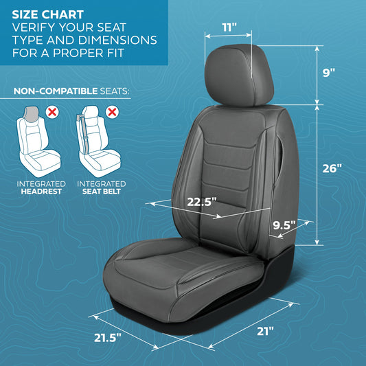 MotorBox Elite Edition Faux Ledersitz Abdeckungen für Autos, LKW und SUV - 2 graue Autositz Abdeckungen für Vordersitze - Universal Fit Car Zubehör Automotive Interior Cover Protector für die meisten Fahrzeuge