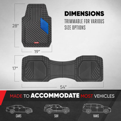 Motor Trend MetallicGuard Car Bodenmatten Volles Set - Langlebige Gummibodenmatten mit blauem Metallic Heel Pad, Allwetter-Innenschutz für Vorder- und Rückseite mit rutschfester Rückseite