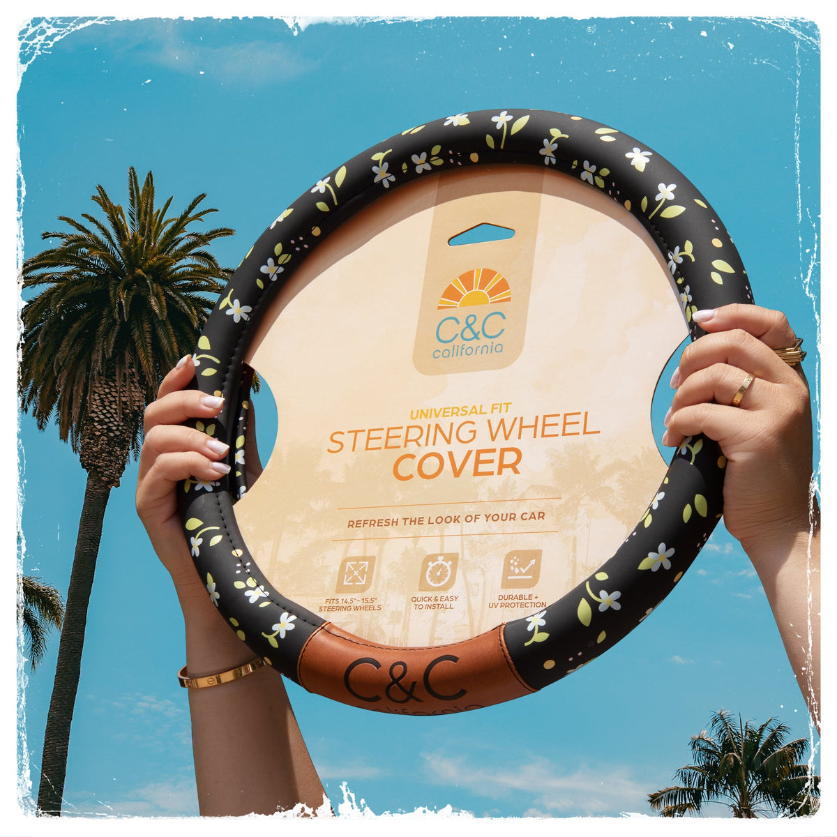 C & C California Car Steering Wheel Cover Blumen Daisy Blumen, nicht rutschig schwarze Lederlenkrad Abdeckung für Männer, niedlich Komfortable Soft Easy Installation Universal Fit (Fits 14.5'-15.5' Zoll)