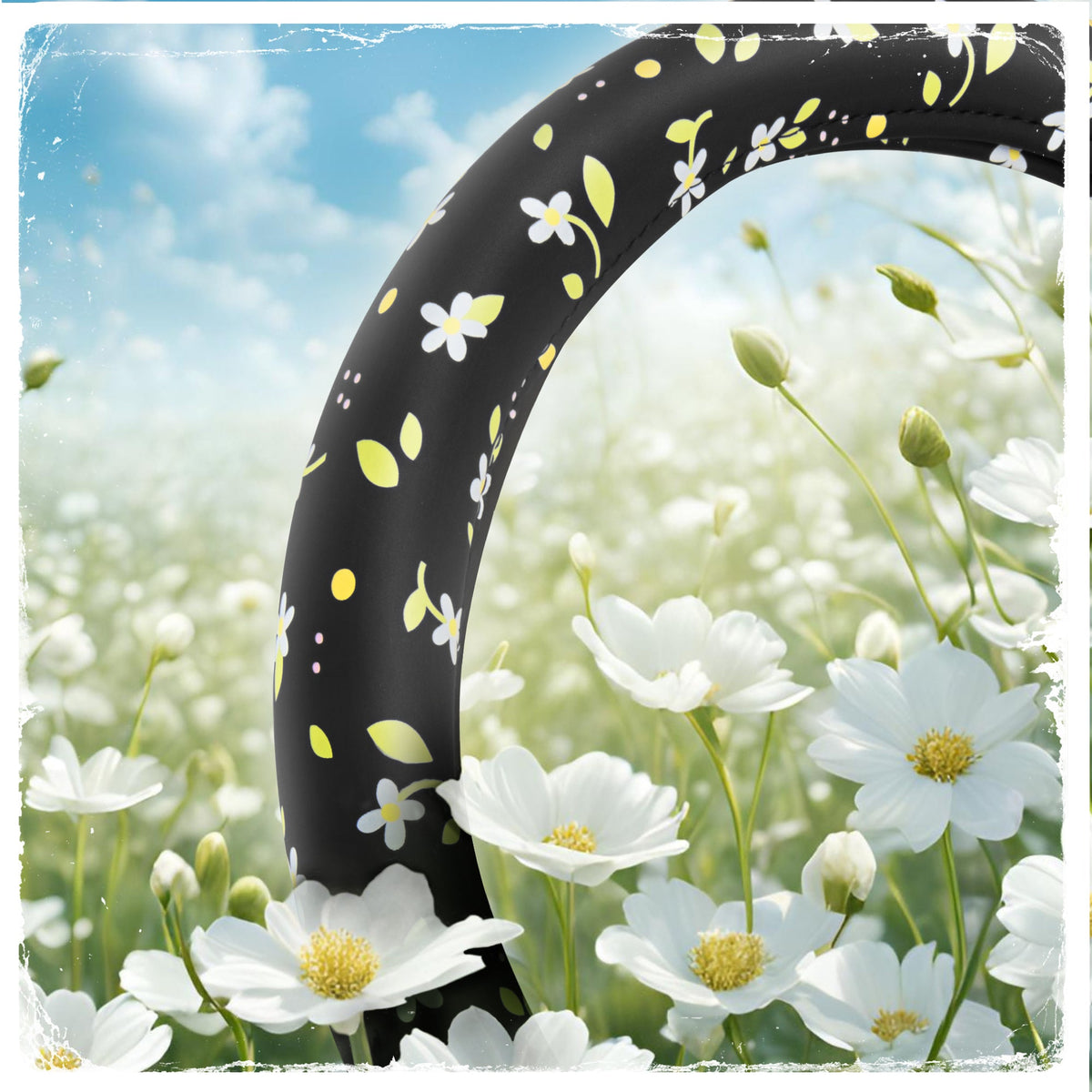 C & C California Car Steering Wheel Cover Blumen Daisy Blumen, nicht rutschig schwarze Lederlenkrad Abdeckung für Männer, niedlich Komfortable Soft Easy Installation Universal Fit (Fits 14.5'-15.5' Zoll)