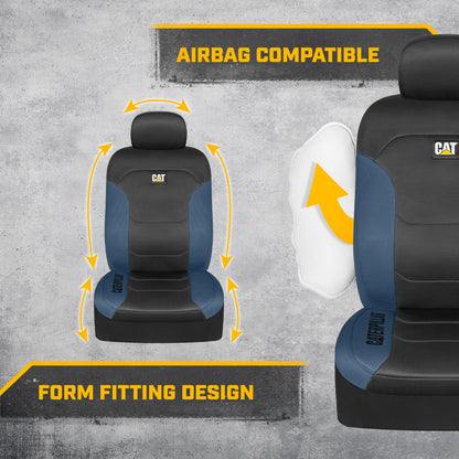 CAT FlexFit Black Blue Seat Covers für Autos, LKWs und SUV - (2) Front Car Seat Cover Front Seat Protectors - Airbag-kompatible Sitzbezüge für SUV Interior Covers & Truck Seat Cover Car Zubehör