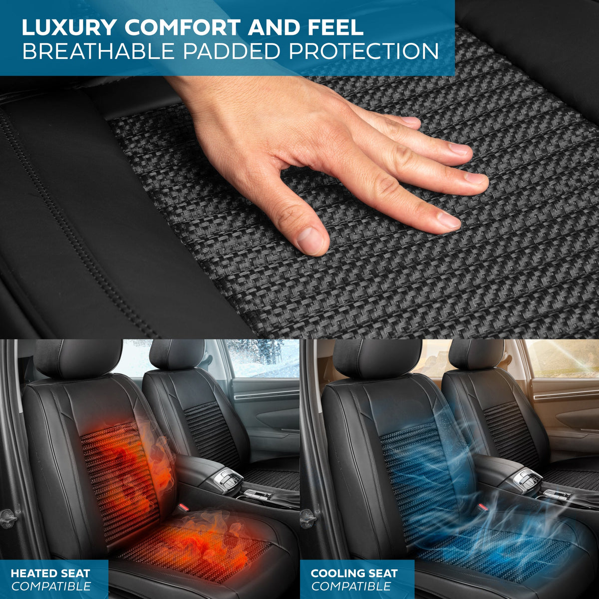 MotorBox Elite Edition Faux Leder & All Weather Wicker Sitzbezüge für Autos, LKW & SUV - 2 Black Car Seat Abdeckungen für Vordersitze - Universal Fit Car Zubehör Automotive Interior Protector