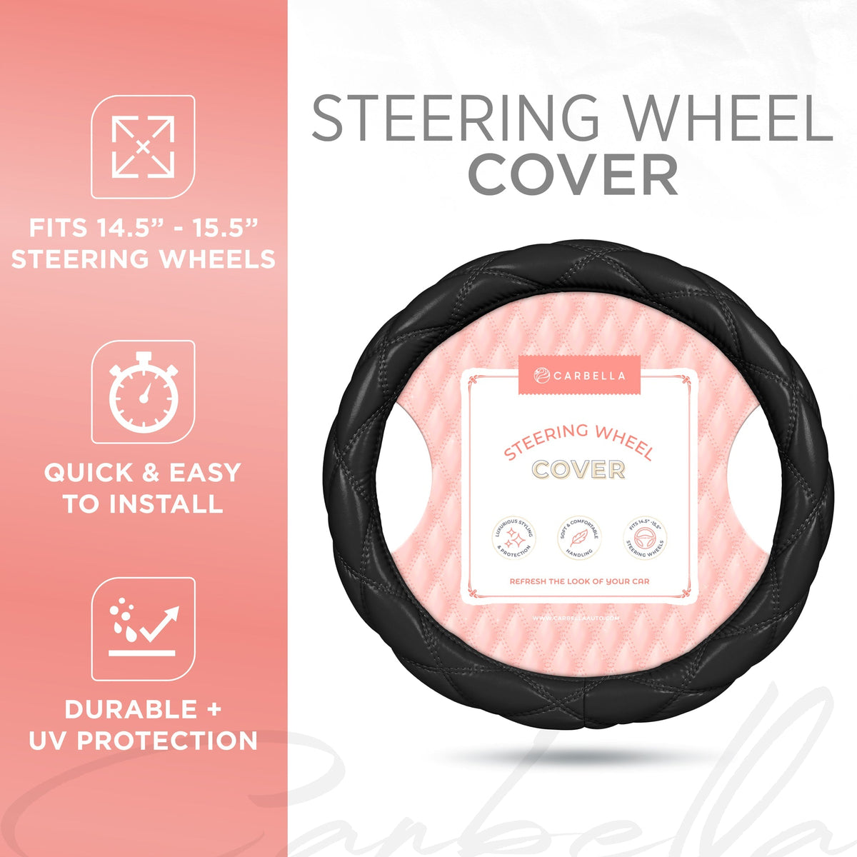 Carbella Black Stitched Leatherette Steering Wheel Cover (Fits 14.5' - 15.5')