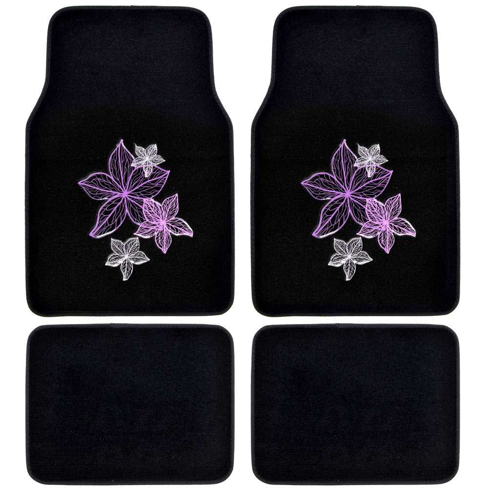 BDK 5-Piece Purple & White Flowers Vorderbodenmatten, Hinterbodenmatten und Lenkradabdeckung (Fits 14.5' - 15.5')