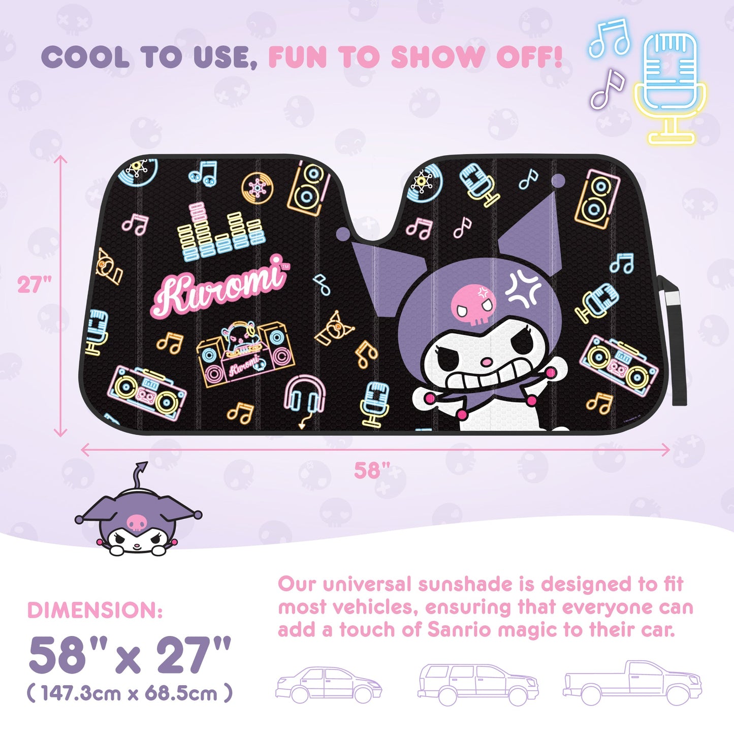 Carbella Sanrio Kuromi Neon Party Front Windschutzscheibe Sonnenschirm (58' x 28')