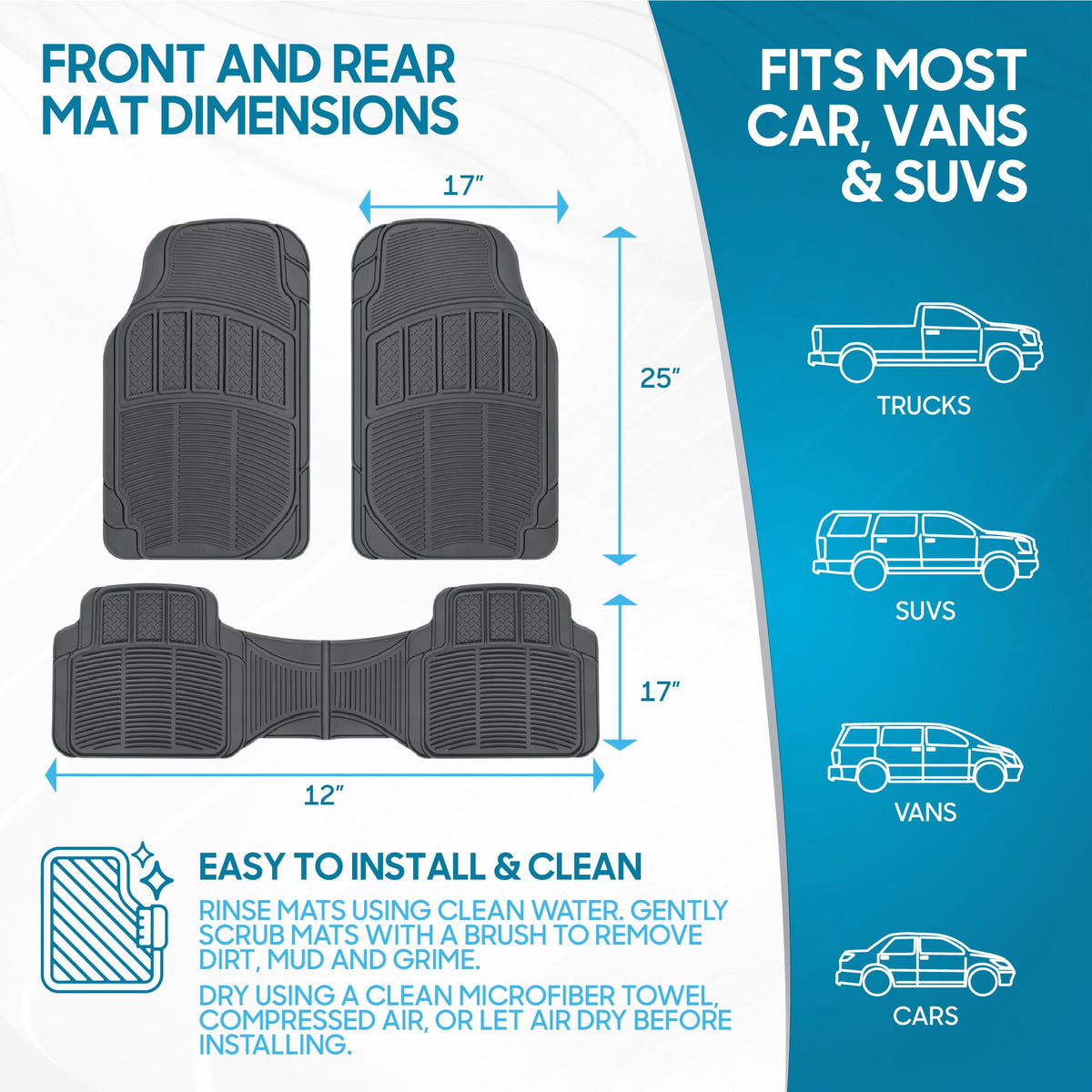 BDK 3-Piece Square Heel Pads Vorderbodenmatten und Hinterbodenmatten - Heavy Duty, All Weather, Trimmen Sie, um zu passen