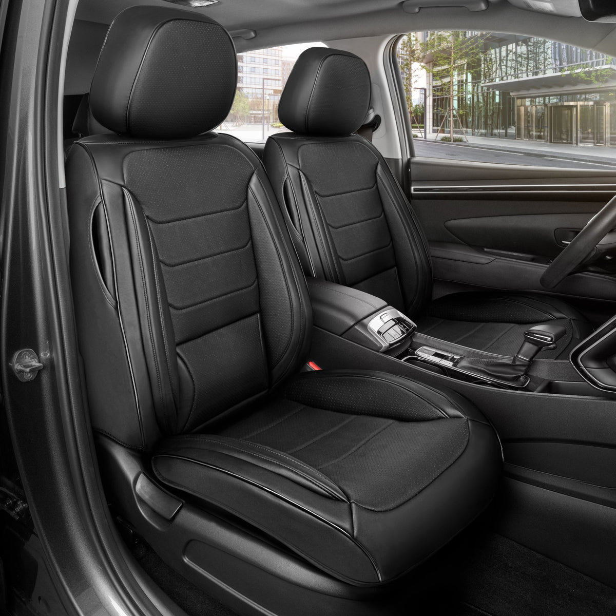 MotorBox Elite Edition Faux Ledersitz Abdeckungen für Autos, LKW und SUV - 2 schwarze Autositz Abdeckungen für Vordersitze - Universal Fit Car Zubehör Automotive Interior Cover Protector für die meisten Fahrzeuge