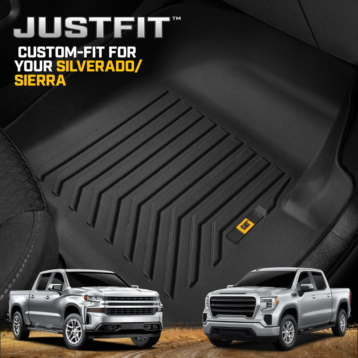 CAT® JustFitTM 3D Custom Fit Bodenmatten Chevrolet Silverado 1500/GMC Sierra 2019-2026, Chevy Silverado 2500HD/3500HD Crew Cab/GMC Sierra 2500HD/3500HD Crew Cab 2020-26 Bodenlinie Laser gemessen Front