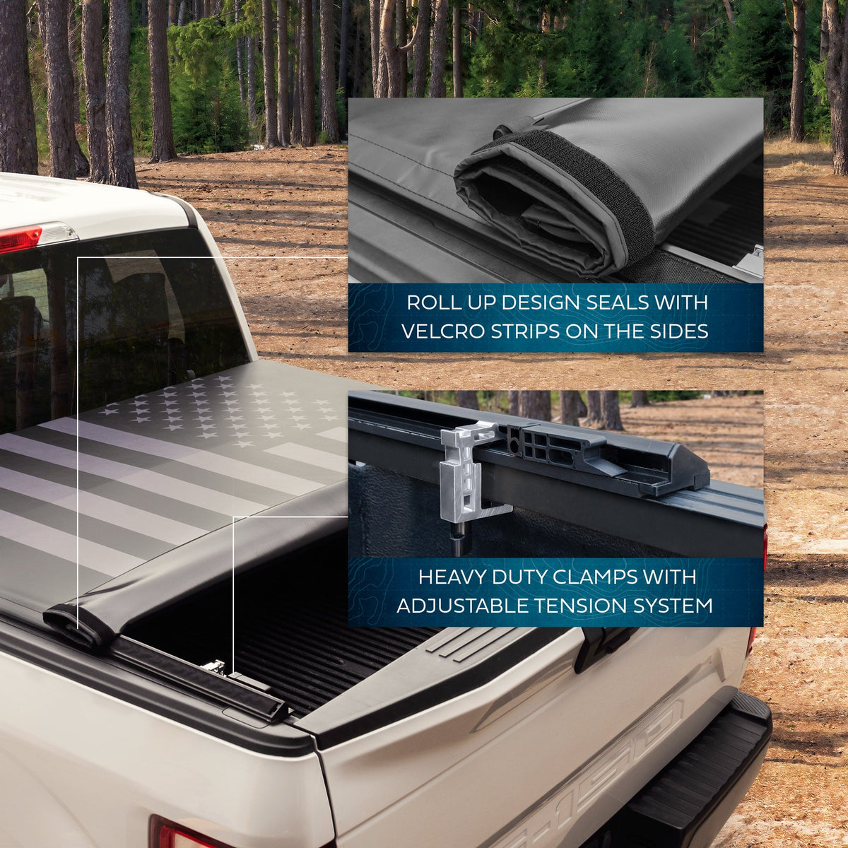 MotorBox USA Black American Flag Soft Roll-Up Retractable Tonneau Cover für Ford F-150 (2015 - 2023) - 5,5' Bett