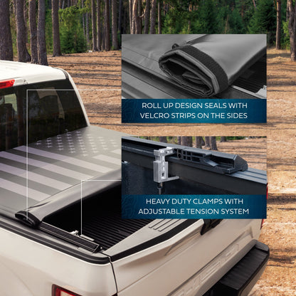 MotorBox USA Black American Flag Soft Roll-Up Retractable Tonneau Cover für Ford F-150 (2015 - 2023) - 5,5' Bett
