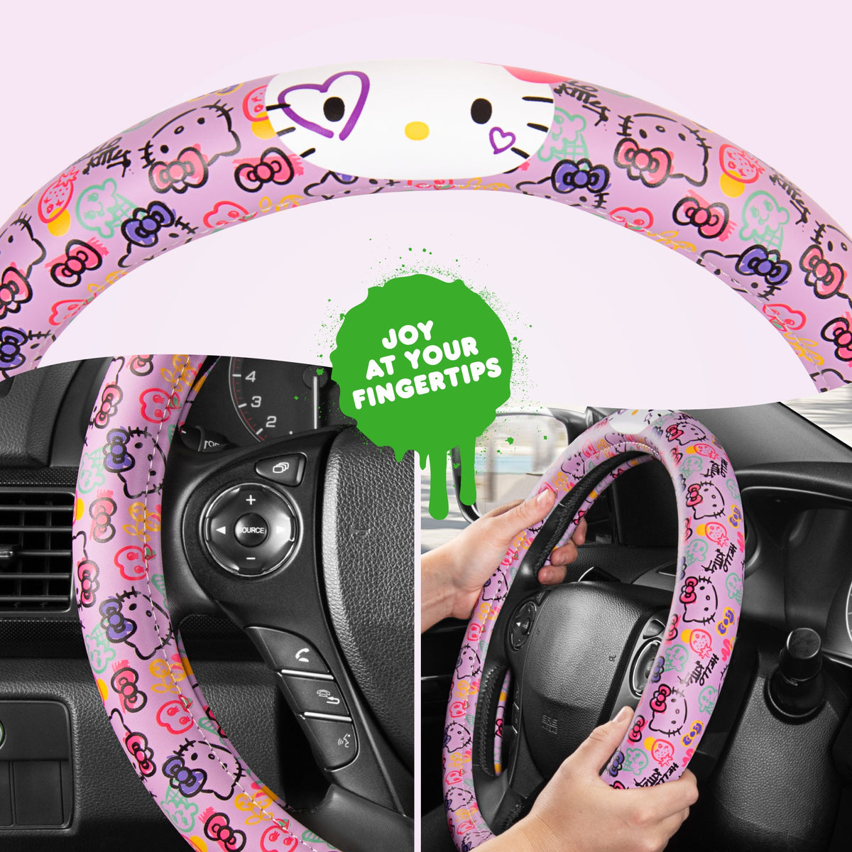 Hallo Kitty Lenkrad Abdeckung, Offizielle Sanrio Auto Lenkrad Abdeckung mit Universalgröße 14.5 - 15, Niedliche Lenkrad Abdeckung für Frauen, Hallo Kitty Auto Zubehör (Lavendeldruck)