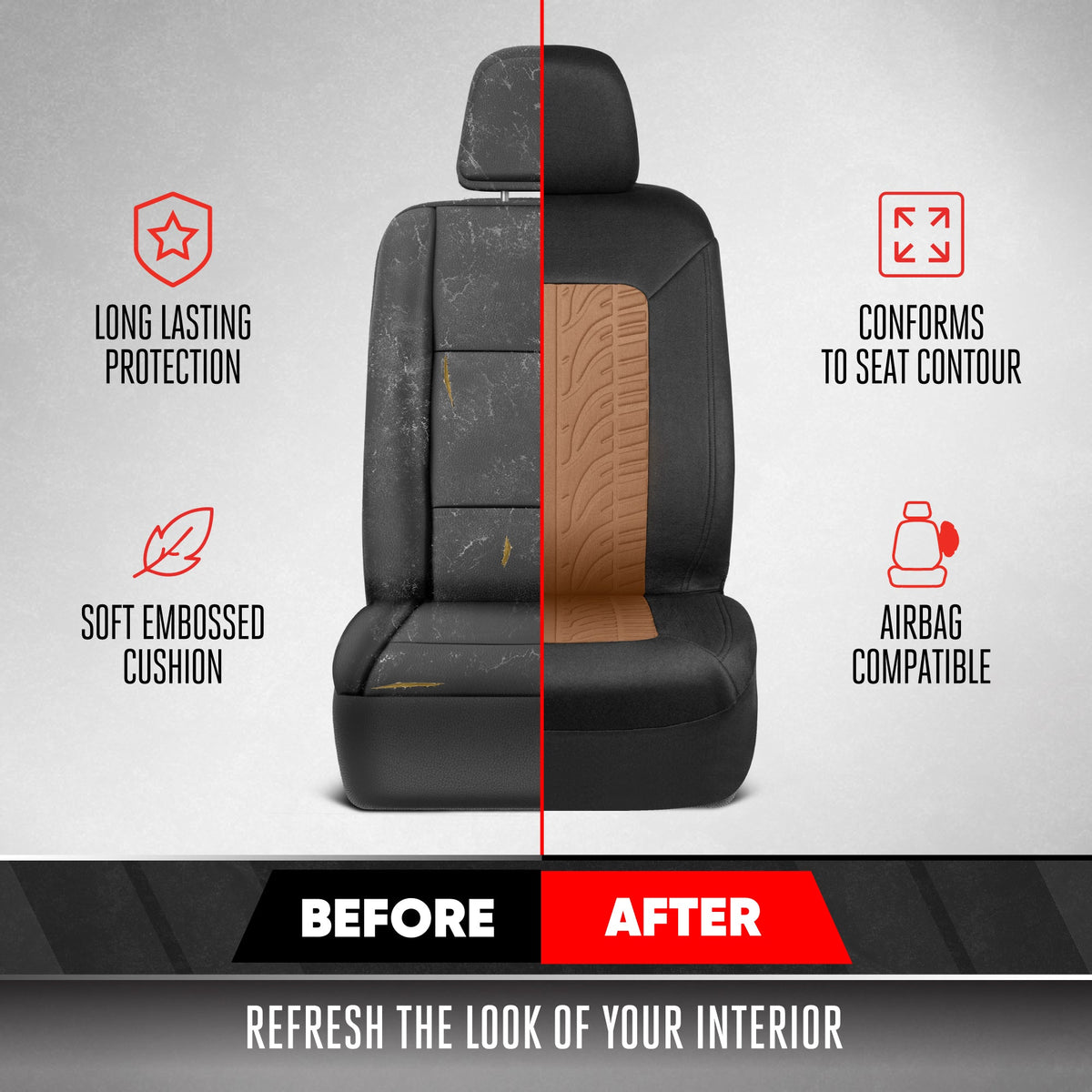 Motor Trend GrandPrix Sitzbezüge für Autos, 2-Pack Black & Beige Reifen Lauffläche geprägte Autositzbezüge für Vordersitze, Automotive Interior Abdeckungen für Auto LKW Van SUV