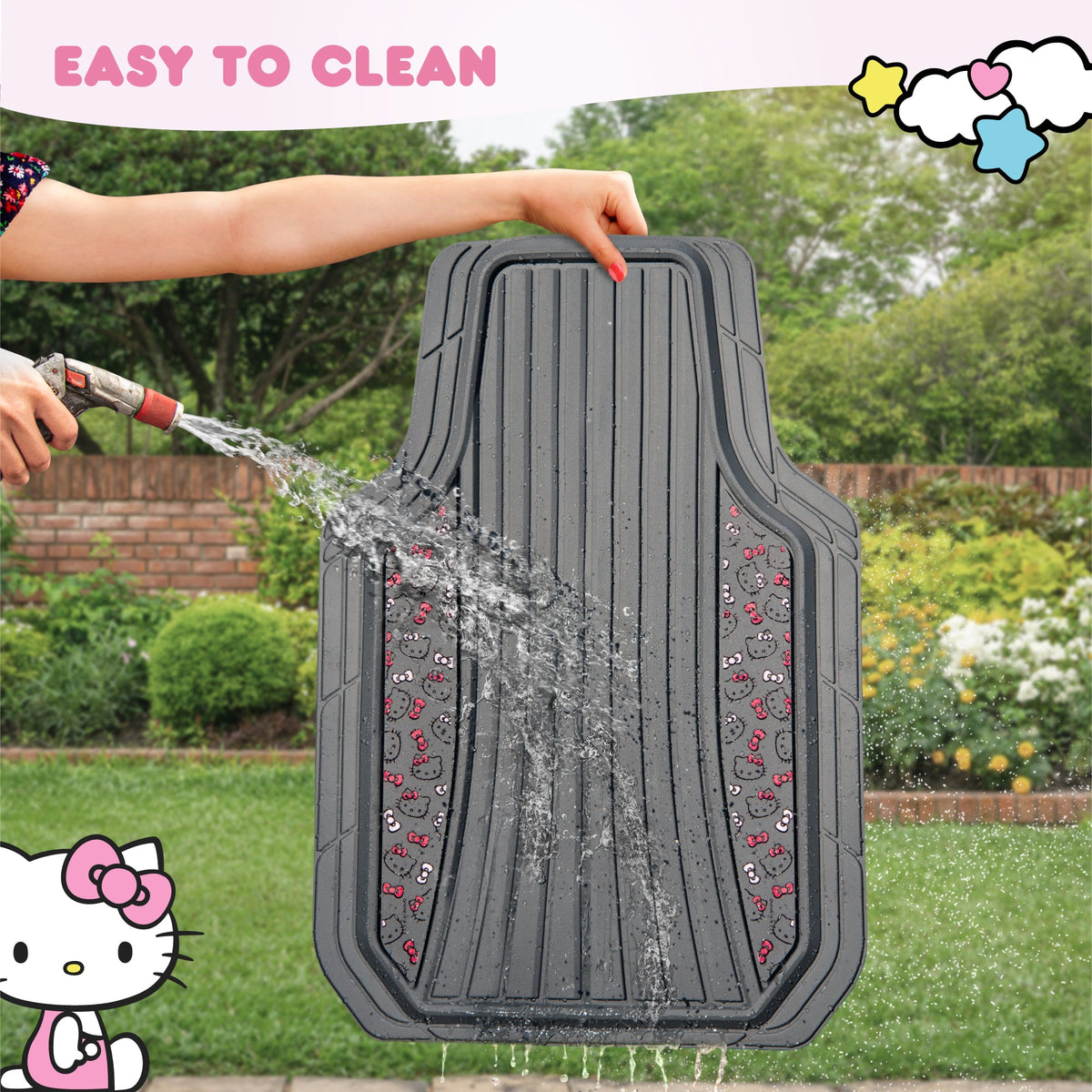 Hello Kitty Car Matts 4pc Bodenmatten für Autos LKWs SUVs Kawaii Autobodenmatten für Damen Männer Zubehör Gummi Heavy Duty Niedlich niedlich, immer vorne hinten Hallo Kitty Car Zubehör Classic Gray mit rosa Bögen