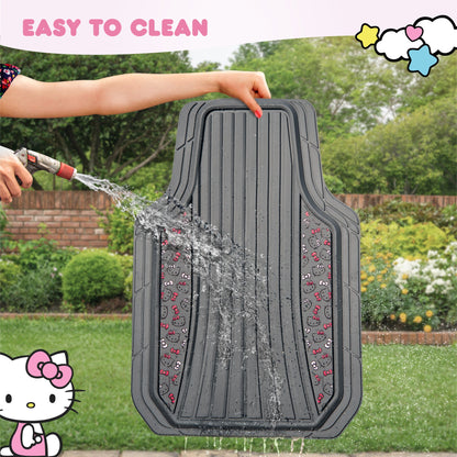 Hello Kitty Car Matts 4pc Bodenmatten für Autos LKWs SUVs Kawaii Autobodenmatten für Damen Männer Zubehör Gummi Heavy Duty Niedlich niedlich, immer vorne hinten Hallo Kitty Car Zubehör Classic Gray mit rosa Bögen