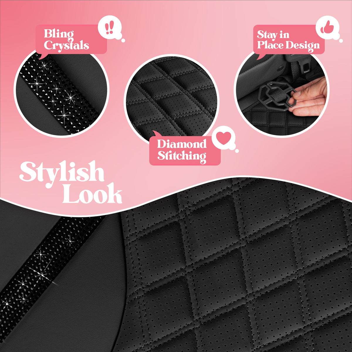Carbella 7-Piece BlingStitch Rücksitzbezüge - Schwarze Kristalle