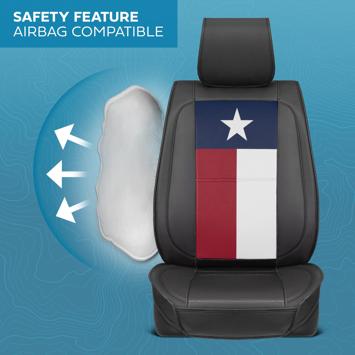 MotorBox Texas Edition Faux Leather Black & Flag Seat Covers für Auto - Texas Flag auf gepolsterten Sitzprotektoren für Automobilzubehör, LKW, SUV, Auto - zwei Frontabdeckungen