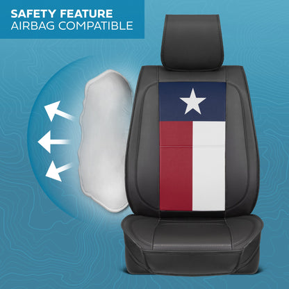 MotorBox Texas Edition Faux Leather Black & Flag Seat Covers für Auto - Texas Flag auf gepolsterten Sitzprotektoren für Automobilzubehör, LKW, SUV, Auto - zwei Frontabdeckungen