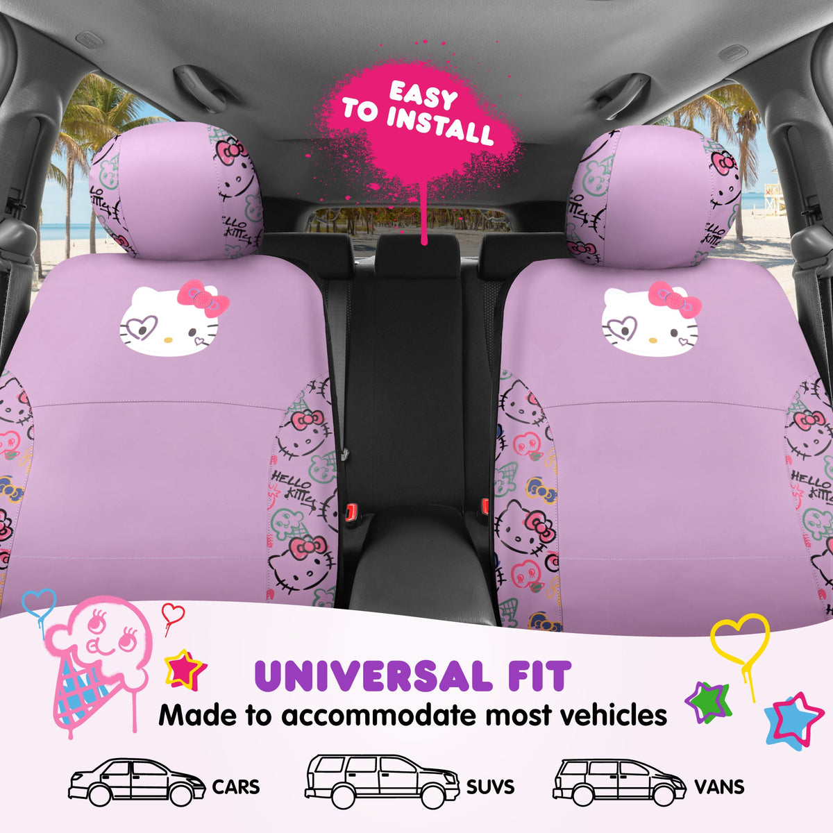 Hello Kitty Car Seat Covers - Niedliche Purple Seat Covers, Autozubehör Geschenk Hello Kitty Zubehör 2pc Lavendel Car Seat Covers