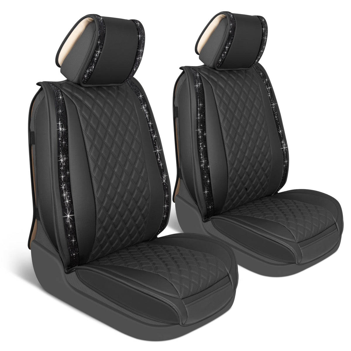 BlingStitchTM Car Seat Covers für Vordersitze - Luxuriöse vegane Ledersitzbezüge für Autos mit schwarzen Bling-Kristallen, Premium Automotive Seat Covers für SUV, Trucks, Car Bling Luxury