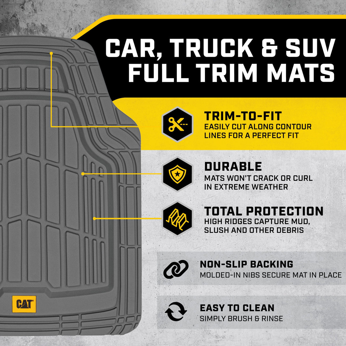 CAT 3-Stück ToughRide Gummi Vorderbodenmatten und hintere Bodenmatten - Heavy Duty, All Weather, Trimmen Sie, um zu passen