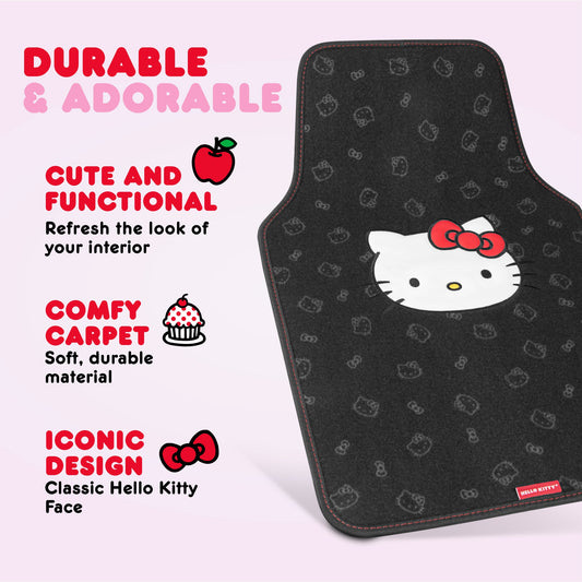 Hello Kitty Car Fußbodenmatten - Universal Fit für Autos, SUVs & Trucks - Schwarz mit rotem Bogen & Hello Kitty Print - Front & Rear Set, 4 Stück Auto Zubehör
