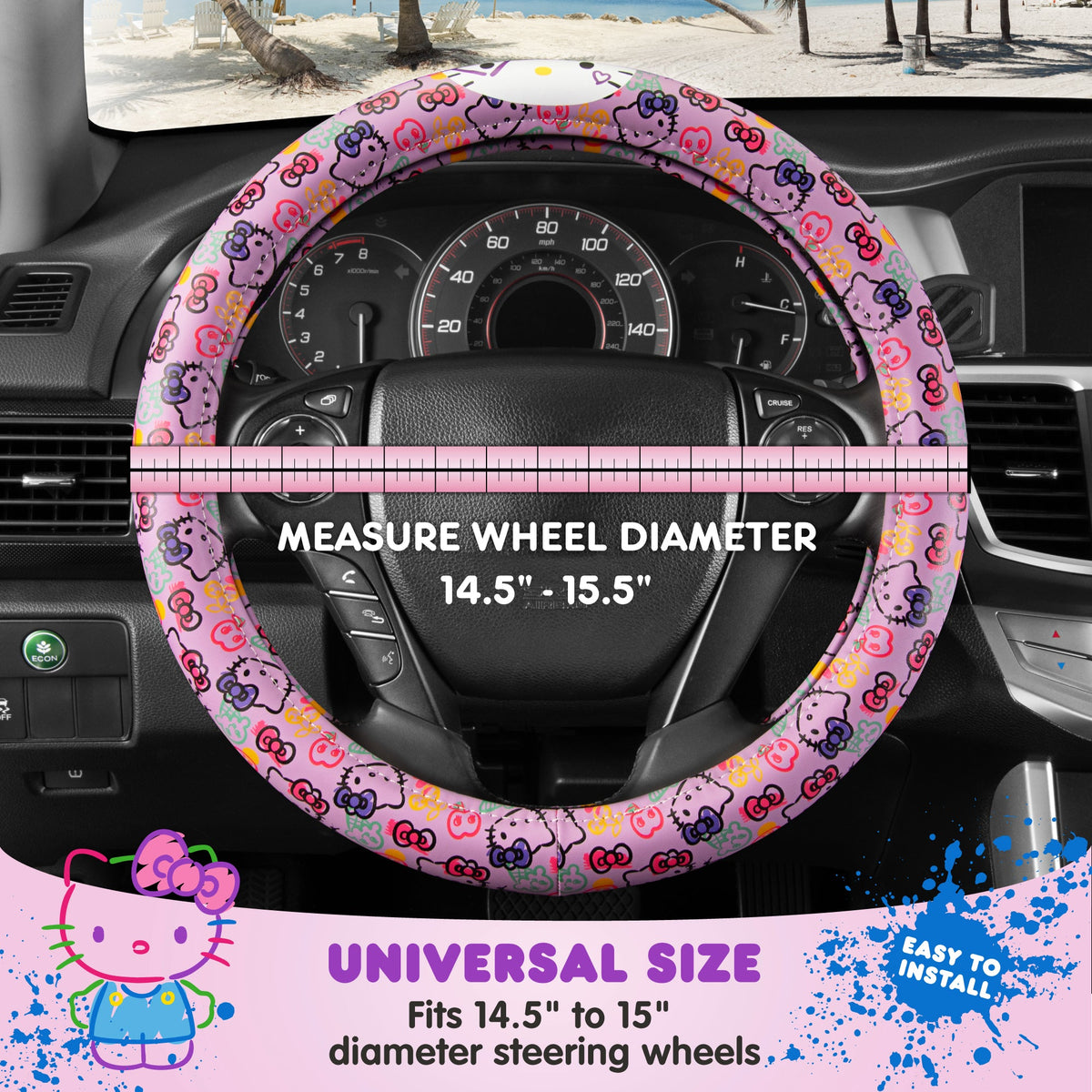 Hallo Kitty Lenkrad Abdeckung, Offizielle Sanrio Auto Lenkrad Abdeckung mit Universalgröße 14.5 - 15, Niedliche Lenkrad Abdeckung für Frauen, Hallo Kitty Auto Zubehör (Lavendeldruck)