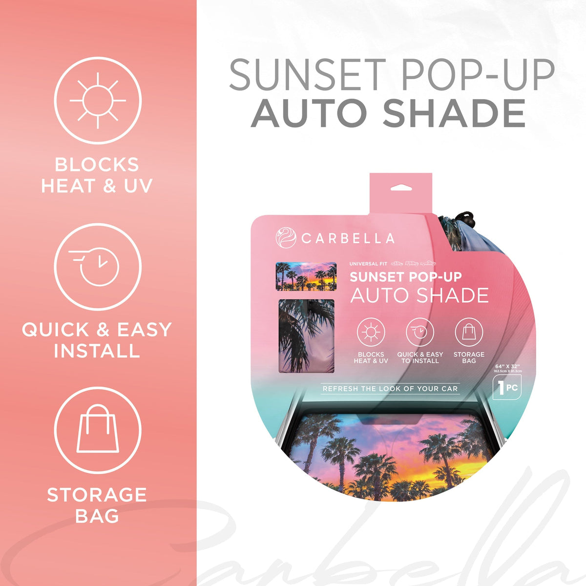 Carbella Sunset Palm Trees Front Windschutzscheibe Sonnenschirm XXL (64' x 32')