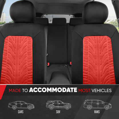 Motor Trend GrandPrix Sitzbezüge für Autos, 2-Pack Black & Red Reifen Lauffläche geprägte Autositzbezüge für Vordersitze, Automotive Interior Abdeckungen für Auto LKW Van SUV