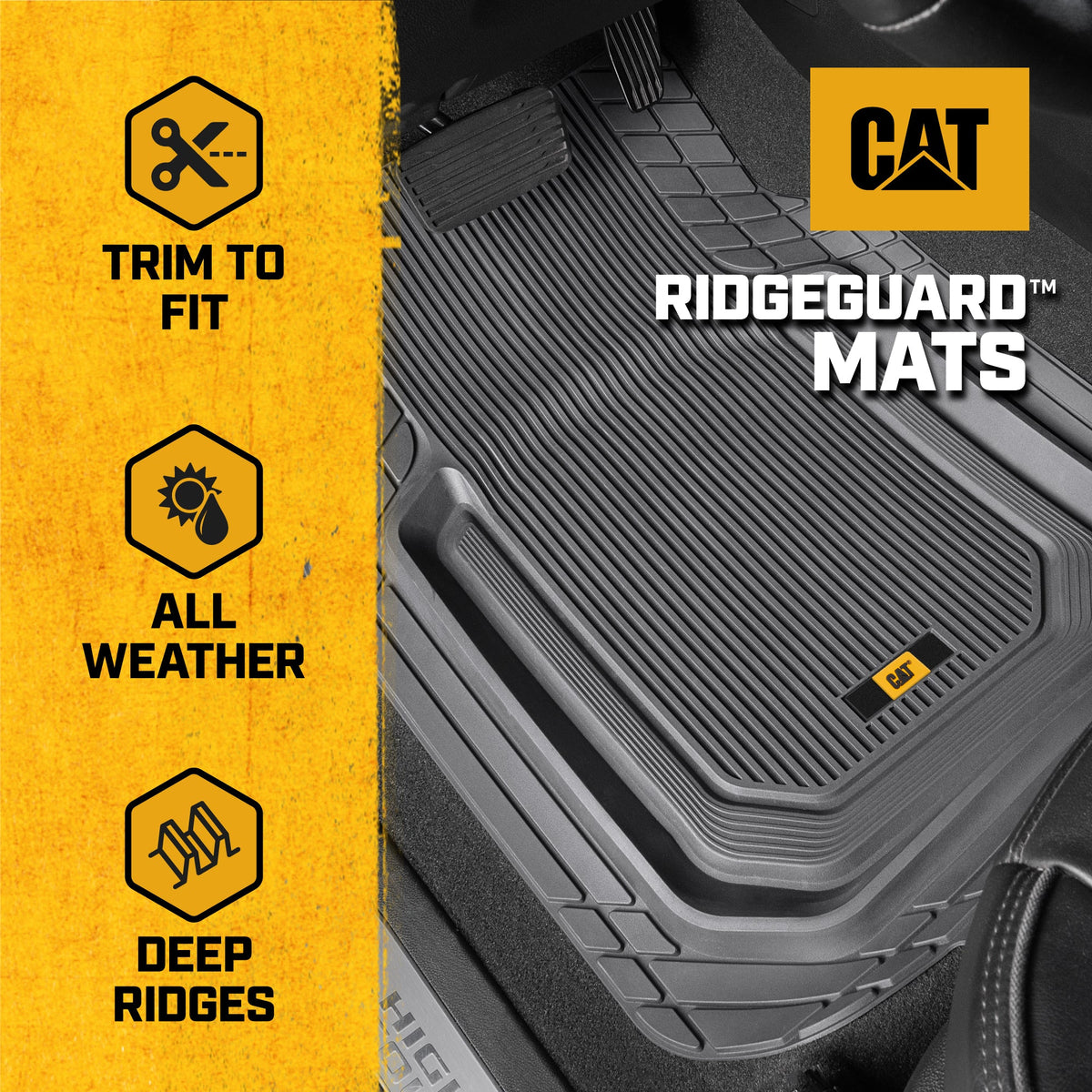 Cat® TerrainGuardTM Heavy-Duty 3-Piece Allwetter-Gummi-Bodenmatten für Auto, LKW, SUV, Van - Trim-to-Fit Deep Dish Automotive Floor Liners, Maximum Schmutz & Wasserschutz, Universal Fit, Grau