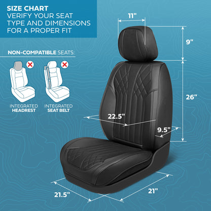 MotorBox Elite Edition Faux Leder & Suede Sitzbezüge für Autos, LKW & SUV - 2 schwarze Autositzbezüge für Vordersitze - Universal Fit Car Zubehör Automotive Interior Cover Protector für Autos