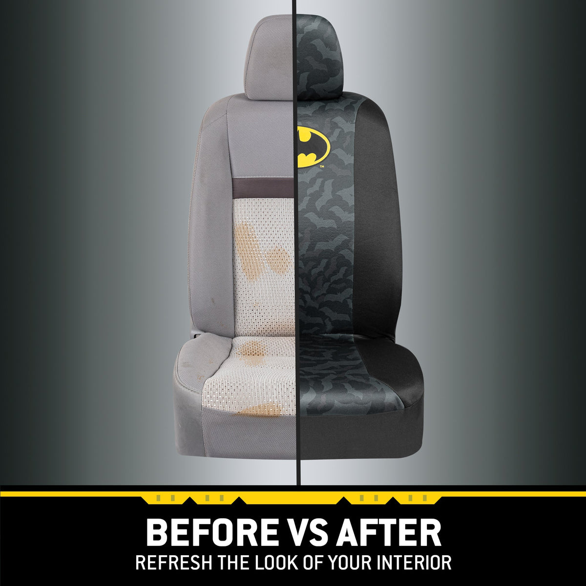 Warner Bros DC Comics 2-Pack Batman Logo mit Bat Background Vordersitzbezügen und 2-Pack Batman Logo Sitzgurtpads