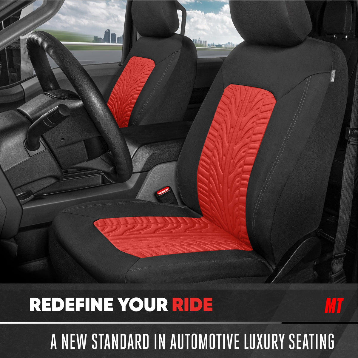 Motor Trend GrandPrix Sitzbezüge für Autos, 2-Pack Black & Red Reifen Lauffläche geprägte Autositzbezüge für Vordersitze, Automotive Interior Abdeckungen für Auto LKW Van SUV