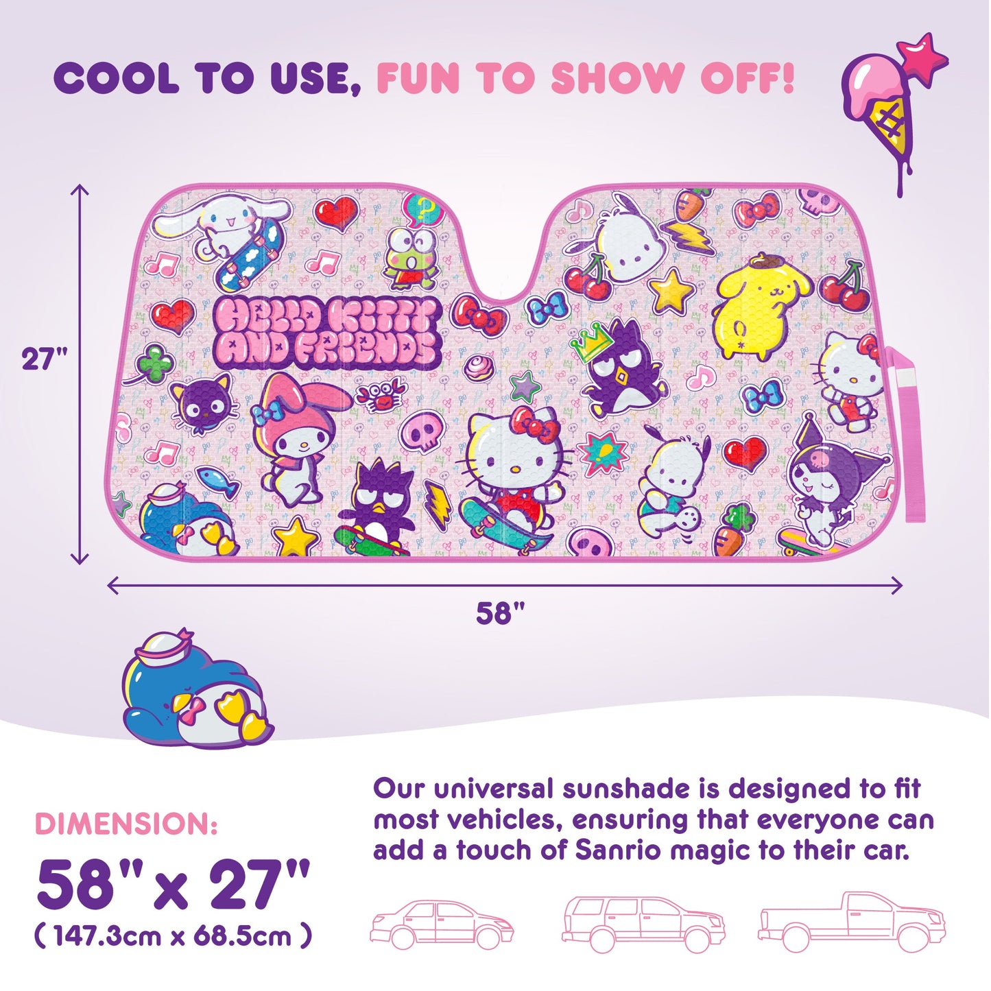 Carbella Sanrio Hello Kitty und Freunde Front Windschutzscheibe Sonnenschirm (58' x 28')