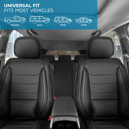 MotorBox Elite Edition Faux Ledersitz Abdeckungen für Autos, LKW und SUV - 2 schwarze Autositz Abdeckungen für Vordersitze - Universal Fit Car Zubehör Automotive Interior Cover Protector für die meisten Fahrzeuge