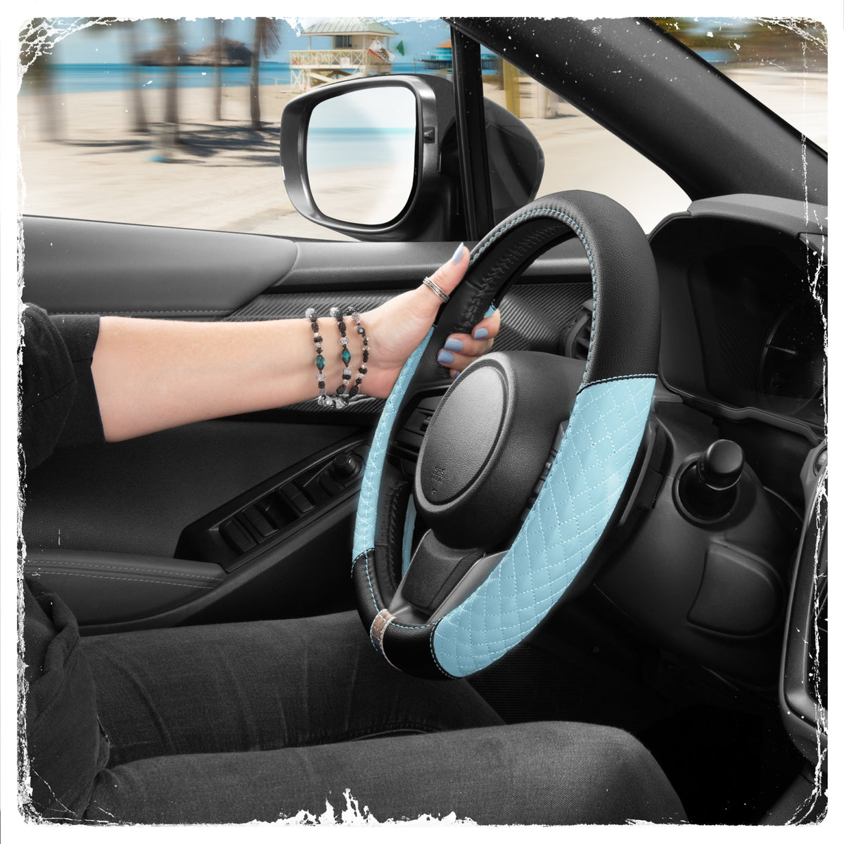 C&C California Car Steering Wheel Cover Blaue Diamant Quilt, Non Slip Leder Lenkrad Abdeckung für Männer, Niedlich Komfortable Soft Easy Installation Universal Fit (Fits 14.5'-15.5' Zoll)