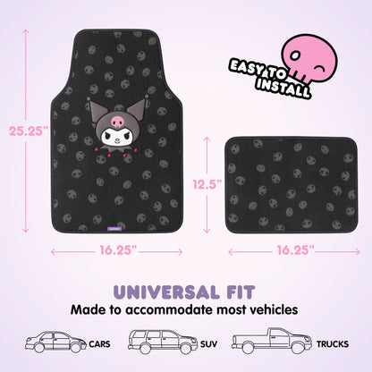 Kuromi Carpet Car Bodenmatten - Universal Fit für Autos, SUVs & Trucks - Schwarz mit Kuromi Print & Purple, Pink Accents - Front & Rear Set, 4 Stück