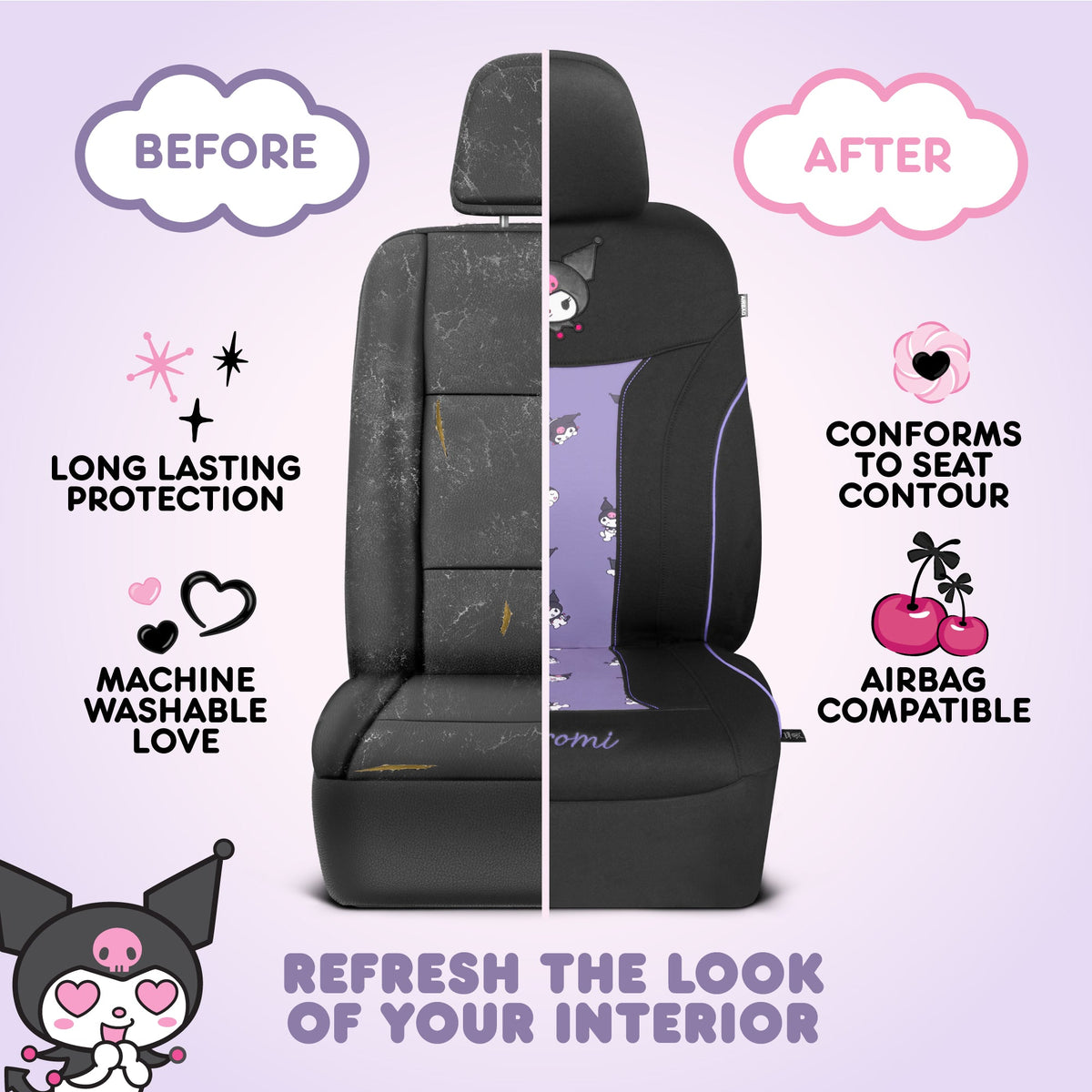 Hello Kitty Kuromi Autositzbezüge - Niedliche schwarze und violette Vordersitzbezüge mit Lavendelakzenten, langlebiges und komfortables Polyester, Autozubehör Hallo Kitty Zubehör 2pc