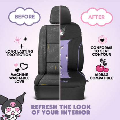 Hello Kitty Kuromi Autositzbezüge - Niedliche schwarze und violette Vordersitzbezüge mit Lavendelakzenten, langlebiges und komfortables Polyester, Autozubehör Hallo Kitty Zubehör 2pc
