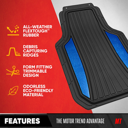 Motor Trend ChromeTech Autobodenmatten Volles Set - Langlebige Gummibodenmatten für Autos mit zwei Ton Akzent, Allwetter-Innenschutz für Vorder- und Rückseite mit rutschfester Rückseite, schwarz / blau