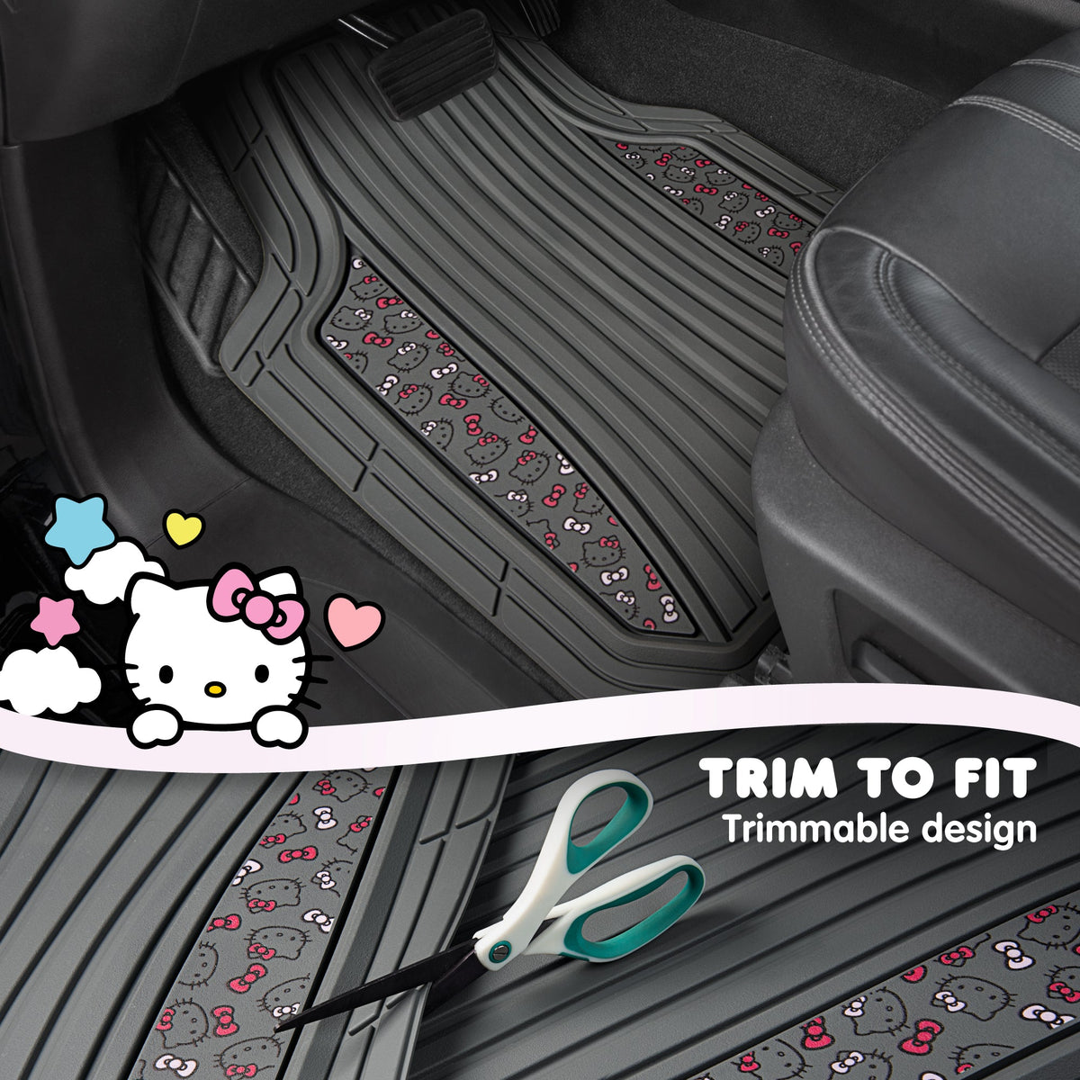 Hello Kitty Car Matts 4pc Bodenmatten für Autos LKWs SUVs Kawaii Autobodenmatten für Damen Männer Zubehör Gummi Heavy Duty Niedlich niedlich, immer vorne hinten Hallo Kitty Car Zubehör Classic Gray mit rosa Bögen