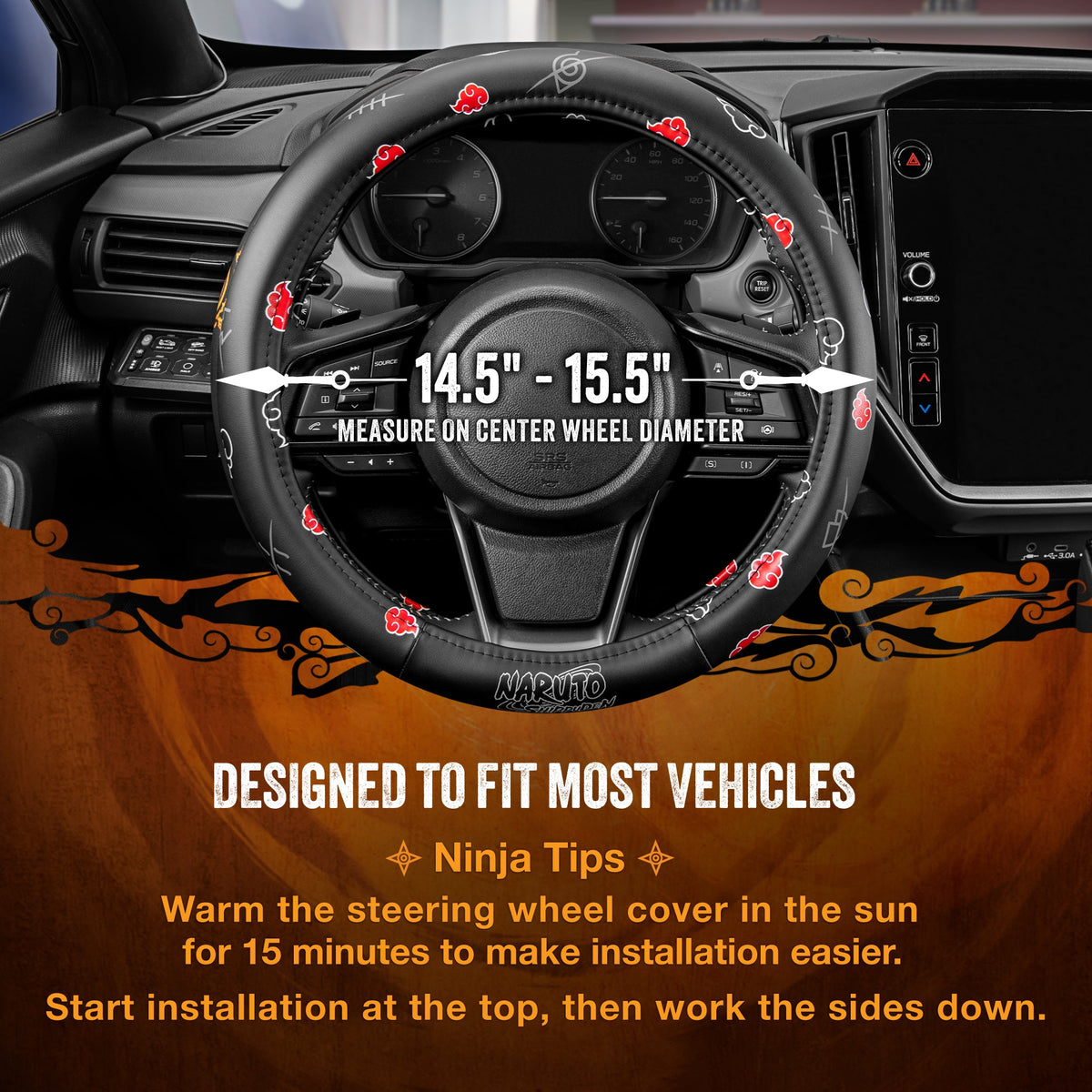 Naruto Shippuden Car Lenkrad Abdeckung, 15 Zoll Anime Lenkrad Abdeckung, gepolsterte Soft Comfortable Cover Anime Car Zubehör für Männer Frauen, Akatsuki